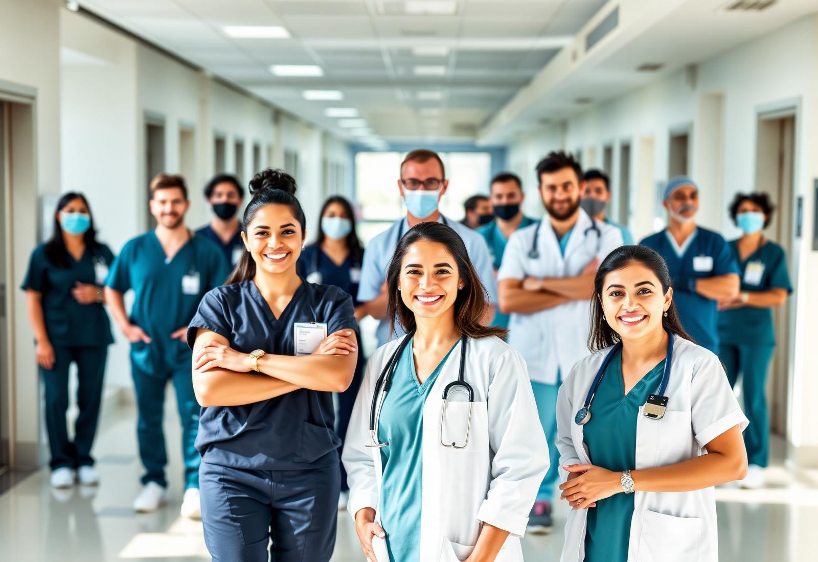 Diverse team of healthcare professionals in a modern hospital